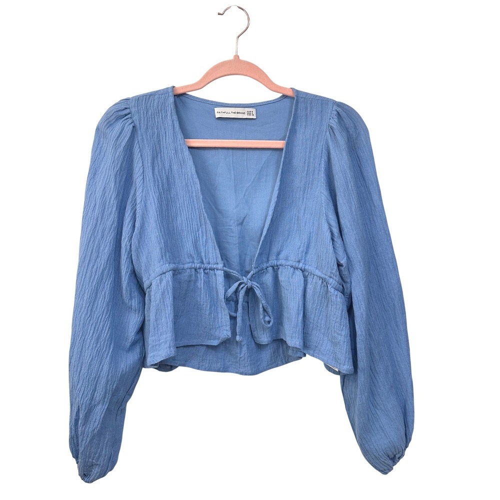 Faithfull The Brand Jacques Top XS Blue Linen Blend Tie Front Puff Sleeve Crop